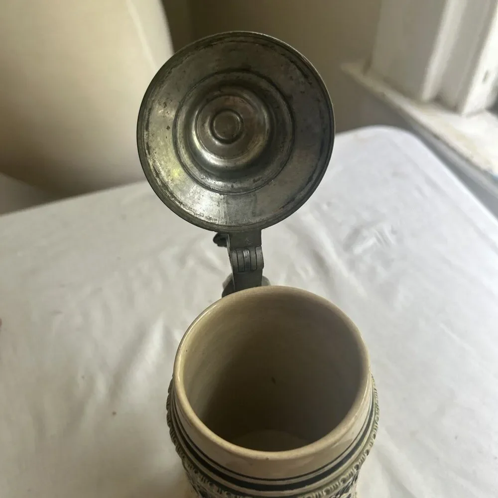 Vintage Antique German Beer Stein Lidded Pewter Engraved “Ernst Huf”  0.5L